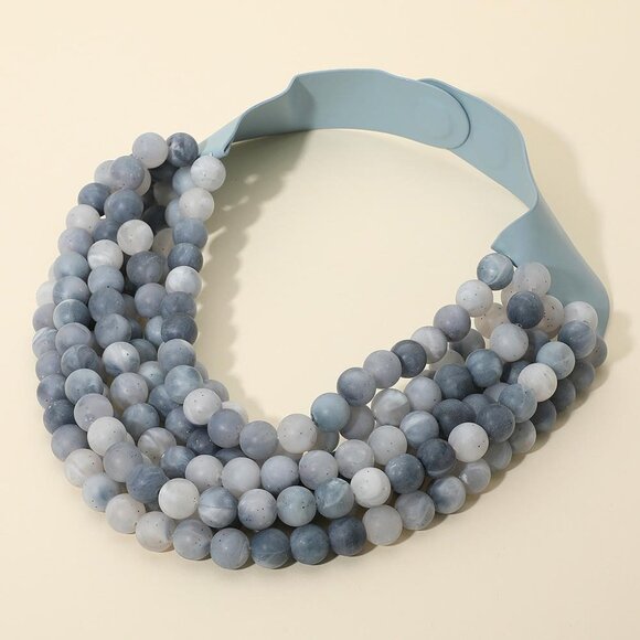 NEW Stunning Marble Effect Beaded 7-Strand Bib Statement Boho Blue Grey Necklace - Picture 3 of 6